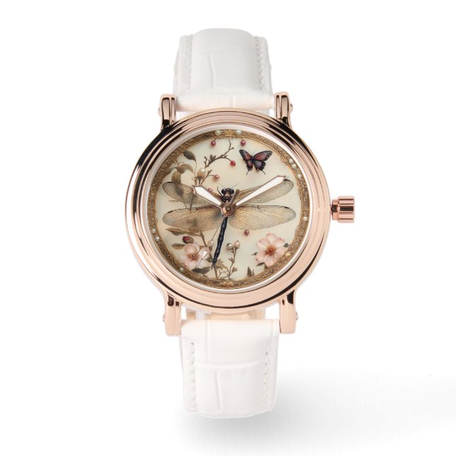 Elegante Libellen Vlinders Roze Bloemen Horloge (Voorkant)