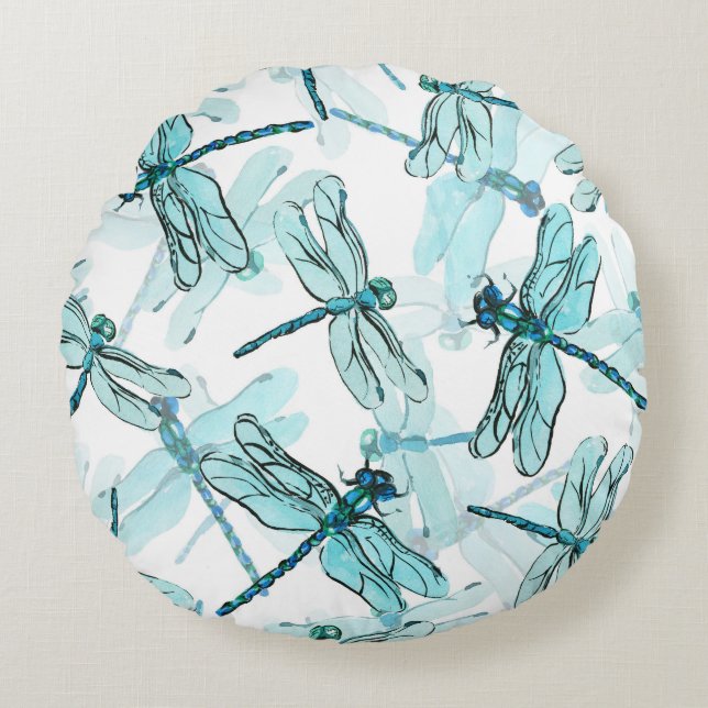 Elegante libellen: Waterverf Wonder Rond Kussen (Voorkant)