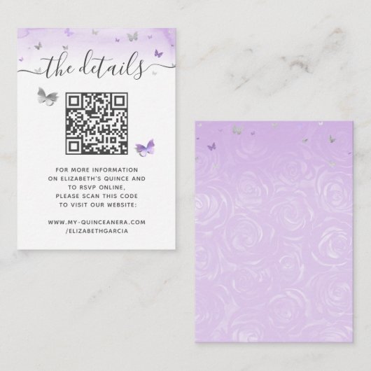 Elegante Licht Paarse Zilveren Vlinder RSVP QR Cod Informatiekaartje (Voorkant / Achterkant)