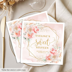 Elegante Licht Roze Gouden Bloemen Sweet 16 Verjaa Servet