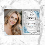 Elegante Licht Stoffig Blauw Rozen Foto 50ste Verj Kaart<br><div class="desc">Elegante bloemenvrouwelijke 50e verjaardagsuitnodiging met uw foto. Glam ontwerp met faux glitter zilver. Beschikt over strepen, stoffige lichtblauwe rozen, script lettertype en confetti. Perfect voor een stijlvol volwassen feestje. Personaliseer met je eigen gegevens. Kan voor om het even welke leeftijd worden aangepast! Gedrukte Zazzle-uitnodigingen of direct download digitale afdrukbare sjabloon....</div>