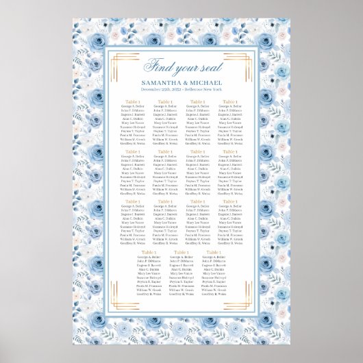 Elegante Lichtblauw Goud  Zitplaatskaart Poster (Voorkant)