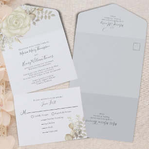 Elegante lichtblauwe bloemachtige trouw-RSVP All In One Uitnodiging