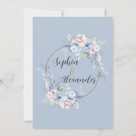 Elegante lichtblauwe bloemen bruiloft uitnodiging  (Achterkant)