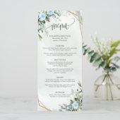 Elegante lichtblauwe bloemen eucalyptus en goud menu (Staand voorkant)