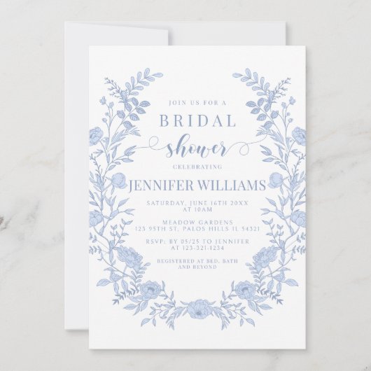 Elegante lichtblauwe bloemenbruids Douche Uitnodig Kaart (Voorkant)