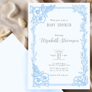 Elegante lichtblauwe bloemige babyshower kaart