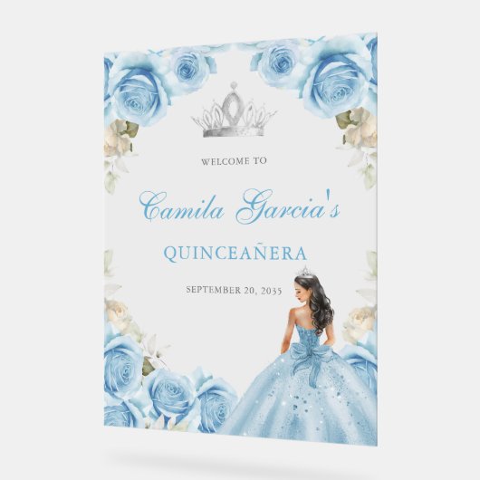 Elegante lichtblauwe bloemige Quinceañera welkom Acryl Bord (Hoek)