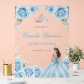 Elegante lichtblauwe bloemige Quinceañera welkom Acryl Bord (Huwelijk)