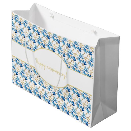 Elegante lichtblauwe en gouden bloemige Waterverf Groot Cadeauzakje (Voorkant Gekanteld)