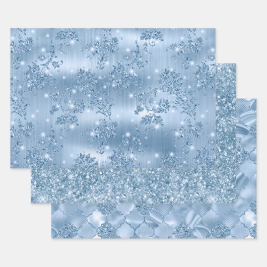 Elegante Lichtblauwe Glitter Glam Patronen Inpakpapier Vel (Set)