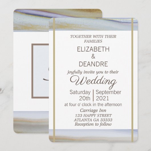 Elegante lichtblauwe gouden moderne strand bruilof kaart (Voorkant / Achterkant)