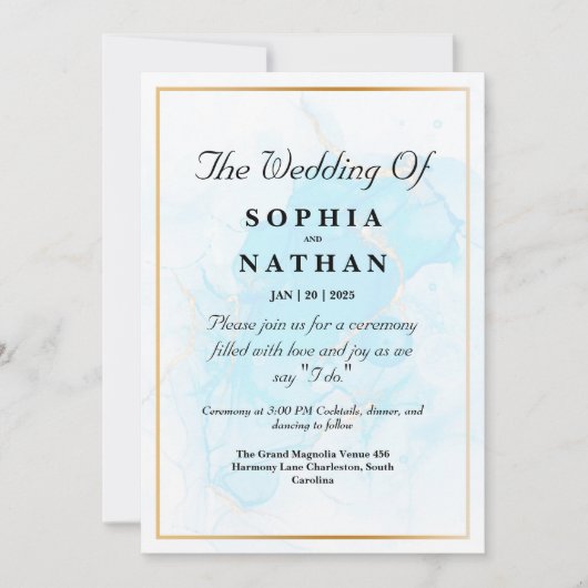 Elegante Lichtblauwe Marmeren Bruiloft Uitnodiging (Voorkant)