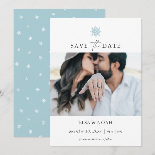 Elegante Lichtblauwe Sneeuwvlok foto bruiloft Save The Date (Voorkant / Achterkant)