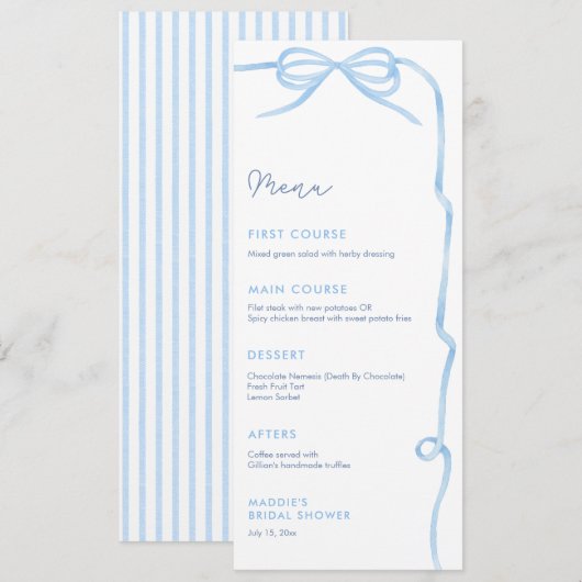 Elegante lichtblauwe strik bruidsdouchefeest menu (Voorkant / Achterkant)