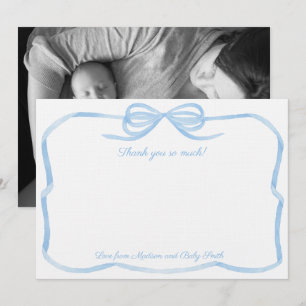 Elegante lichtblauwe strik jongens babyshower foto bedankkaart