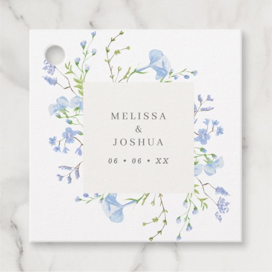 Elegante lichtblauwe waterverf bloemen bruiloft bedankjes labels (Voorkant)