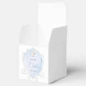 Elegante Lichtblauwe Waterverf Crest Doopsel Kubus Bedankdoosjes (Geopend)