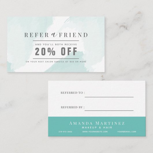Elegante lichtblauwe Waterverf Salon Referral Visitekaartje (Voorkant / Achterkant)
