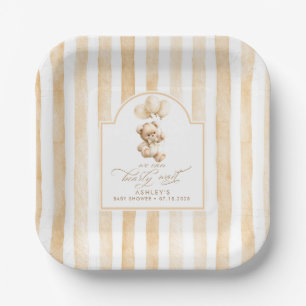 Elegante lichtbruine teddybeer met strepen baby sh papieren bordje
