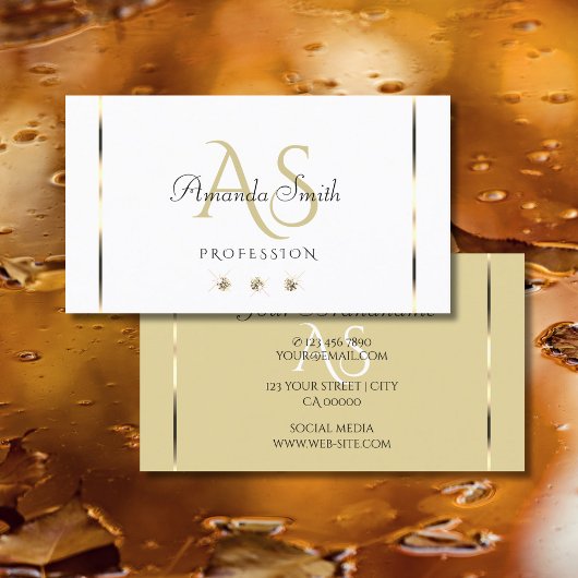 Elegante Lichte Beige en Witte Diamanten Initialen Visitekaartje