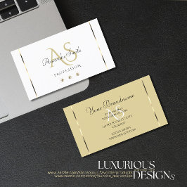 Elegante Lichte Beige en Witte Diamanten Initialen Visitekaartje