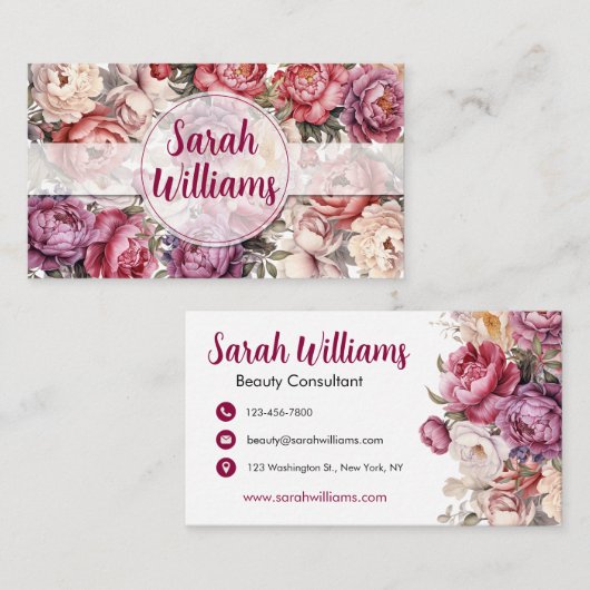 Elegante lichte kastanjebruine en beige bloemen visitekaartje (Voorkant / Achterkant)