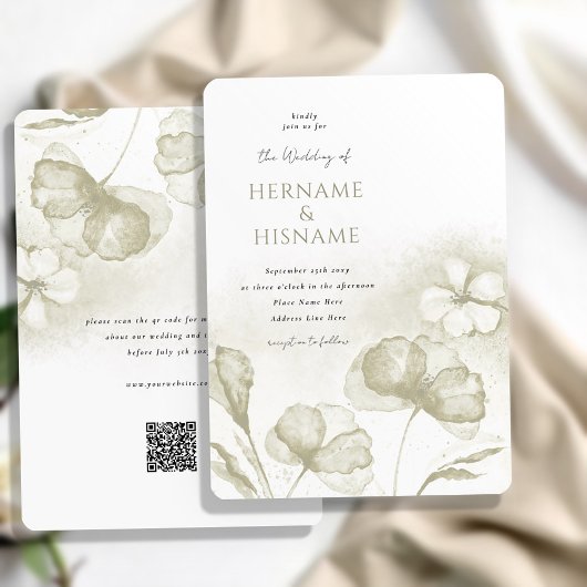 Elegante Lichte Olijfgroene Bloemen QR RSVP Huweli Kaart