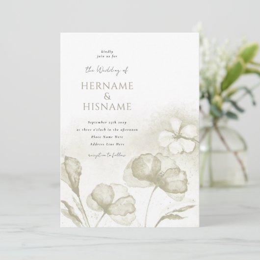 Elegante Lichte Olijfgroene Bloemen QR RSVP Huweli Kaart (Staand voorkant)