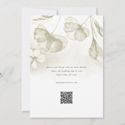 Elegante Lichte Olijfgroene Bloemen QR RSVP Huweli Kaart (Achterkant)