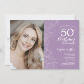 Elegante Lichte Paarse Bloemen Foto 50ste Verjaard Kaart (Voorkant)