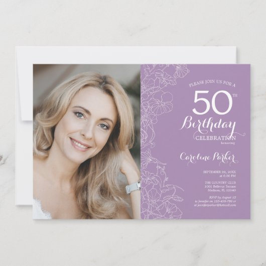 Elegante Lichte Paarse Bloemen Foto 50ste Verjaard Kaart (Voorkant)