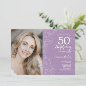 Elegante Lichte Paarse Bloemen Foto 50ste Verjaard Kaart (Staand voorkant)