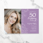 Elegante Lichte Paarse Bloemen Foto 50ste Verjaard Kaart<br><div class="desc">Licht paarse bloemrijke 50e verjaardagsfeestuitnodiging met je foto op de voorkant van de kaart. Elegant modern ontwerp met botanische overzichtstekeningen,  accenten en typografie script lettertype. Eenvoudige trendy uitnodigingskaart perfect voor een stijlvol vrouwen dagfeest. Kan worden aangepast aan elke leeftijd. Gedrukte Zazzle-uitnodigingen of direct download digitale afdrukbare sjabloon.</div>
