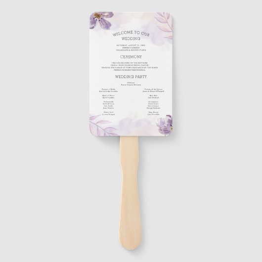 Elegante lichte Paarse Bloemen Trouwprogramma Foto Handwaaier (Achterkant)
