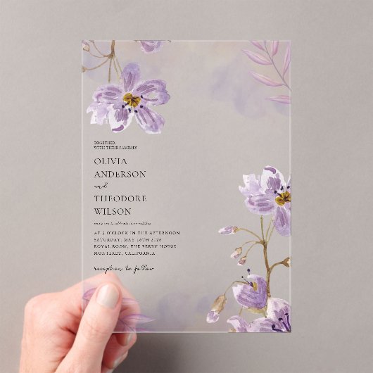 Elegante lichte Paarse bloemenbruiloft Acryl Uitnodigingen (Insitu (Draagbaar))