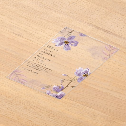Elegante lichte Paarse bloemenbruiloft Acryl Uitnodigingen (Laagn)