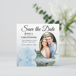 Elegante lichte stoffige blauwe roos & ovale fotot save the date