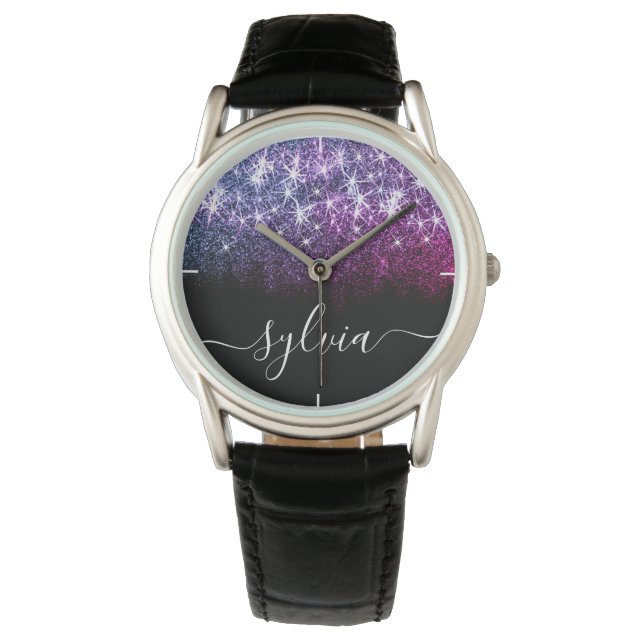 Elegante Lichtgevende Donker Paarse Glitter Aangep Horloge (Voorkant)