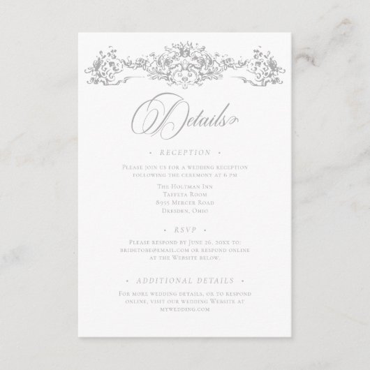 Elegante lichtgrijze Chinoiserie Cherub bruiloft Informatiekaartje (Voorkant)