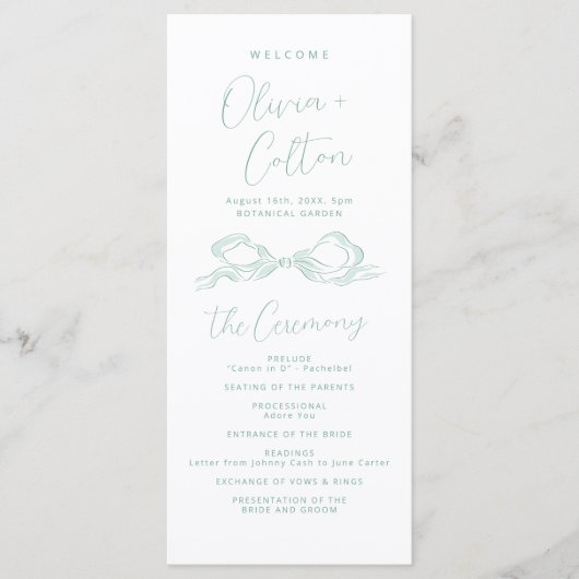 Elegante lichtgroene hand getrokken boog bruiloft  programmakaart (Voorkant)