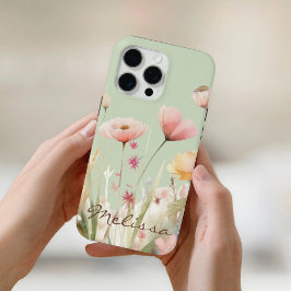 Elegante lichtgroene Waterverf Spring Wildflower iPhone 15 Pro Max Hoesje