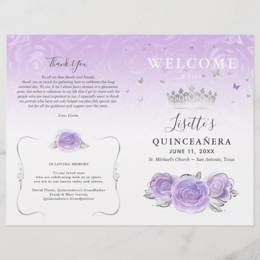 Elegante Lichtpaarse Zilveren Quinceanera-Programm (Voorkant)