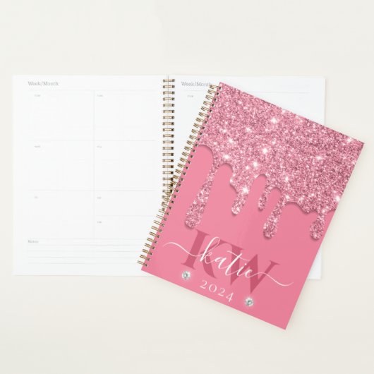 Elegante lichtroze druipende glitter monogram planner (Display)
