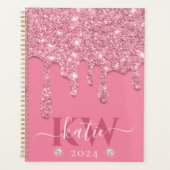 Elegante lichtroze druipende glitter monogram planner (Voorkant)