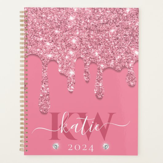 Elegante lichtroze druipende glitter monogram planner (Voorkant)