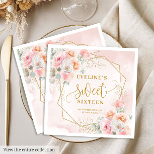 Elegante lichtroze gouden pioenrozen sweet sixteen servet