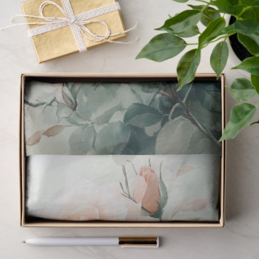 Elegante lichtroze Rozen en groene decoupage Tissuepapier (Geschenk)