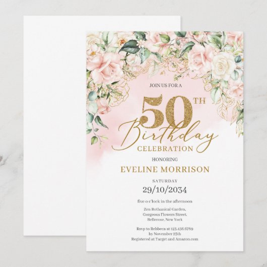 Elegante lichtroze rozen groen goud 50ste verjaard kaart (Voorkant / Achterkant)