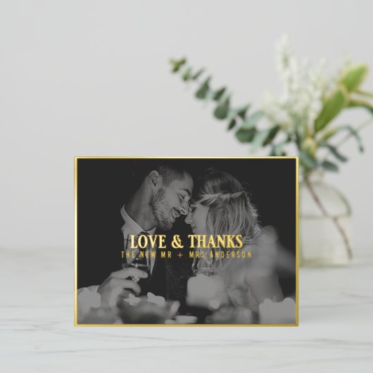 Elegante Liefde en Bedankt Foto Dank u Bruiloft Folie Feestdagen Briefkaart (Staand Voorkant)